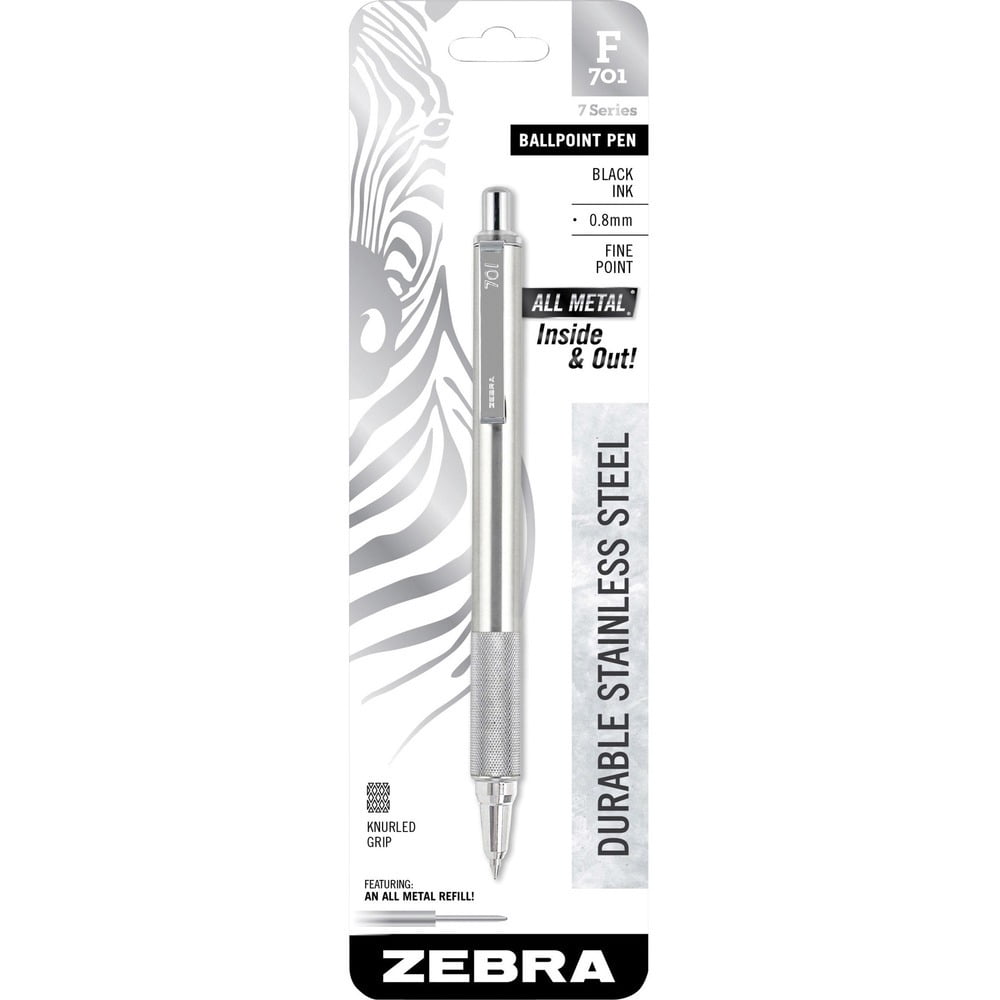 Zebra Pen F-701 Stainless Steel Ballpoint Retractable Pen, Black Ink, Fine Point 0.8mm